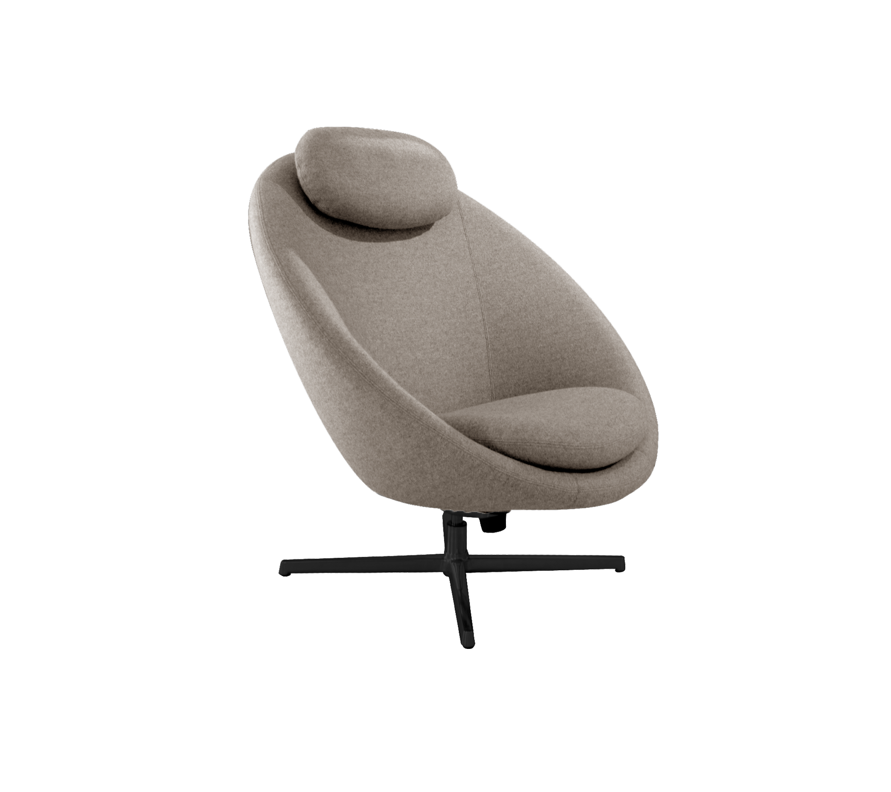 Sillón lounge elegante con un diseño curvado, tapicería suave y un reposacabezas de soporte, montado sobre una base elegante.