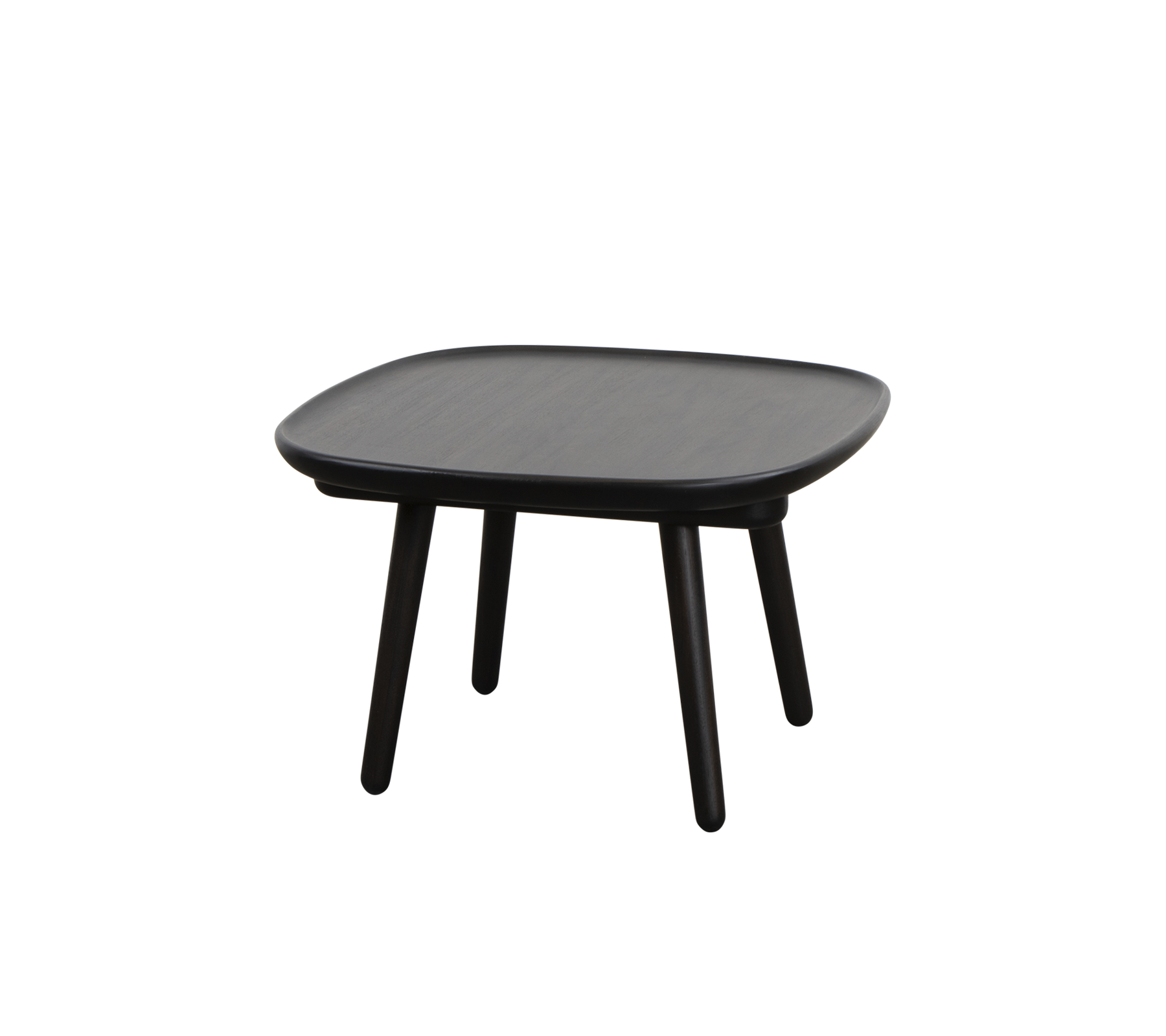 Mesa cuadrada negra con una superficie suave y cuatro patas delgadas, diseñada para versatilidad y simplicidad en estilo.