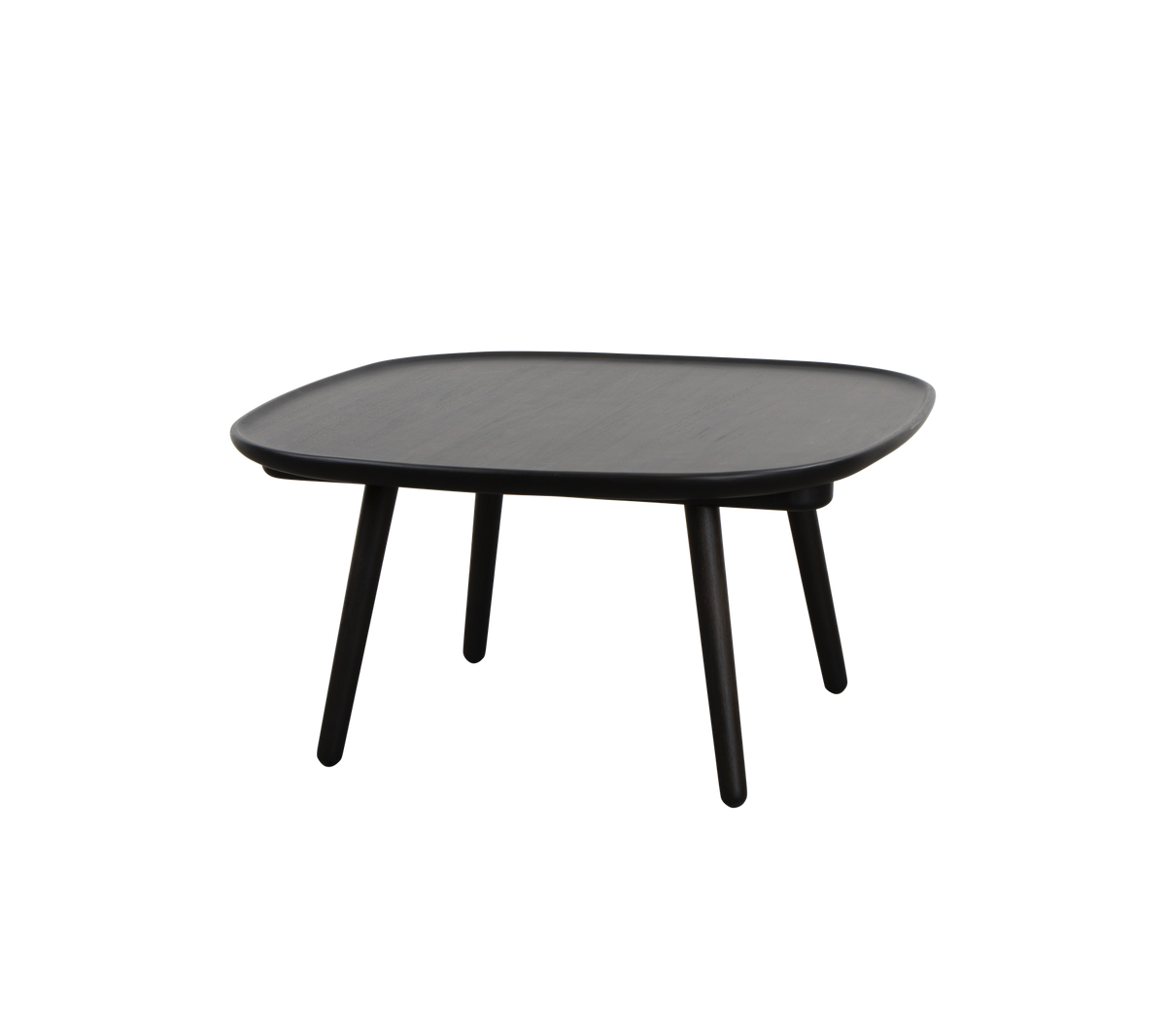 Mesa negra cuadrada con una superficie lisa y cuatro patas delgadas, diseñada para un uso versátil en diferentes entornos.