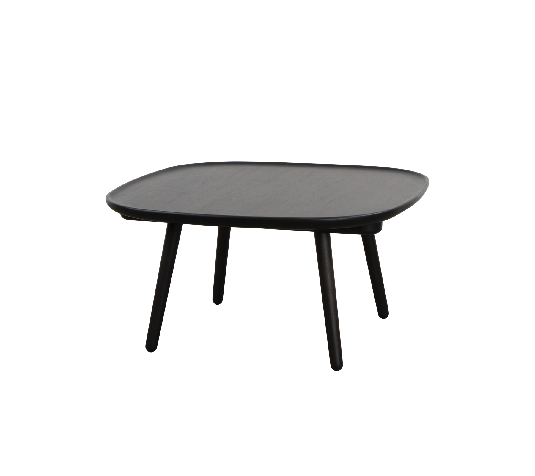 Mesa negra cuadrada con una superficie lisa y cuatro patas delgadas, diseñada para un uso versátil en diferentes entornos.