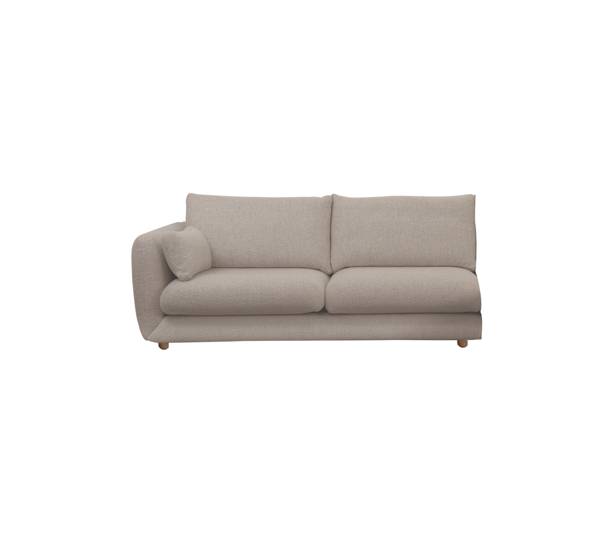Sofá moderno de color marrón claro con un diseño minimalista y brazos redondeados.