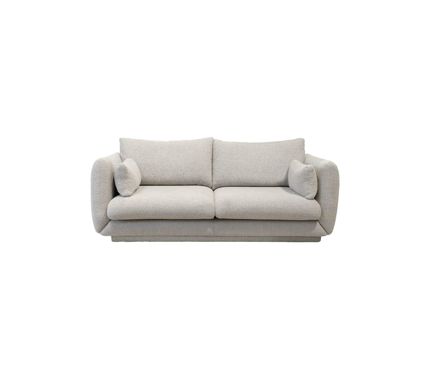 Un sofá moderno y elegante en tela gris claro con cojines suaves y bordes redondeados para comodidad y elegancia.