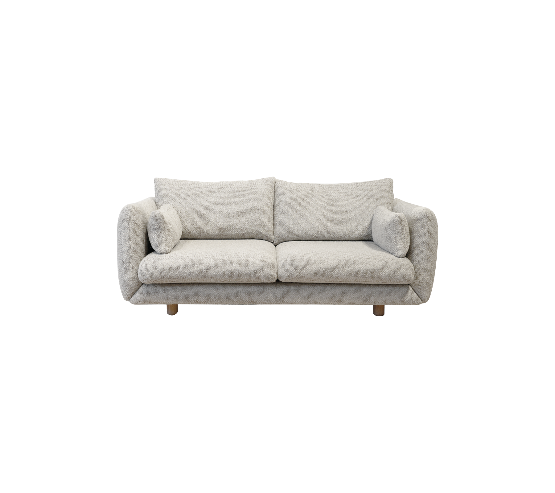 Sofá gris claro acogedor con brazos redondeados y dos cojines a juego, apoyado en patas de madera. Un complemento elegante para cualquier espacio de vida.