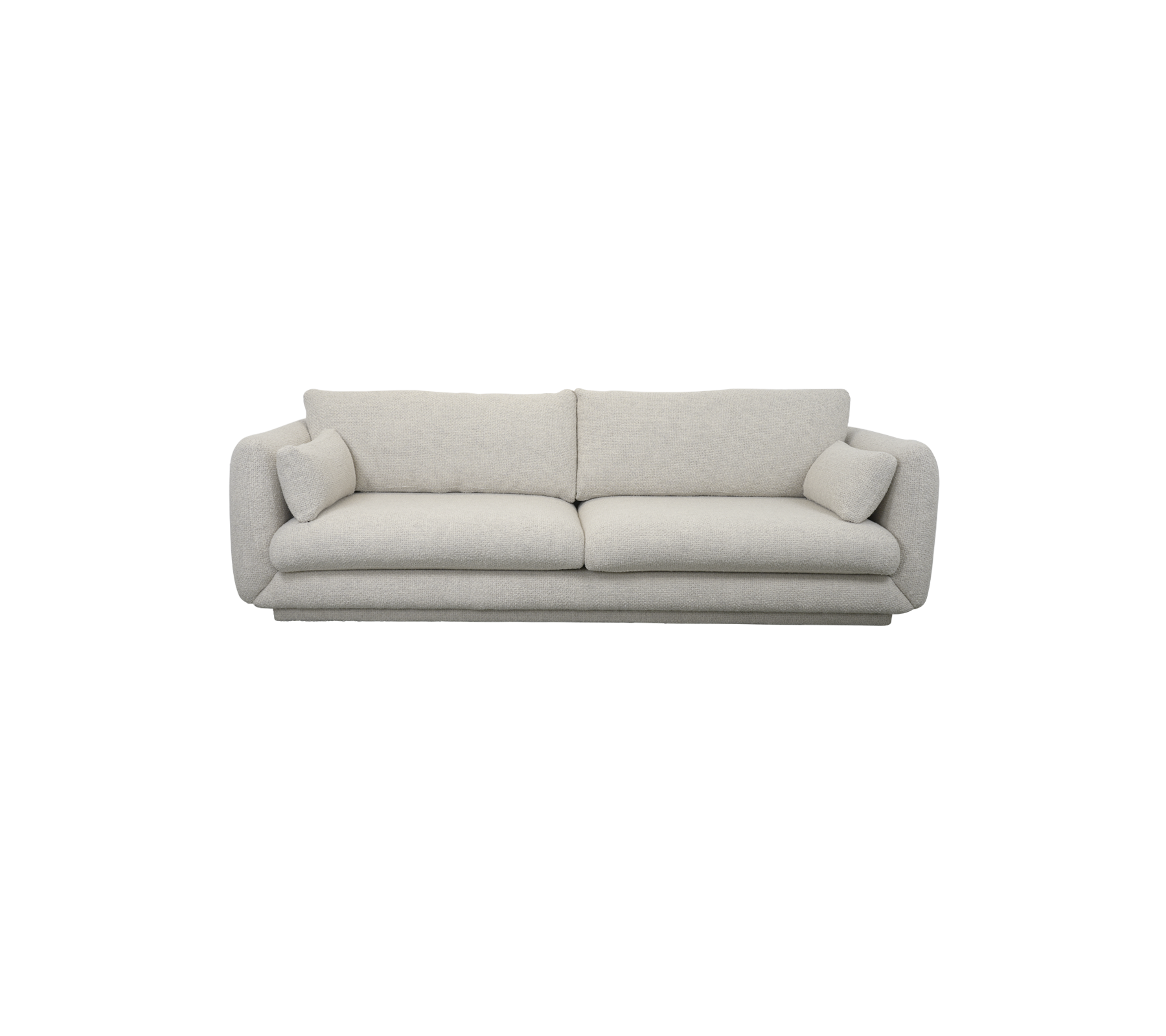Un sofá moderno de color claro con cojines de felpa y dos cojines decorativos en cada extremo, diseñado para la comodidad y el estilo.