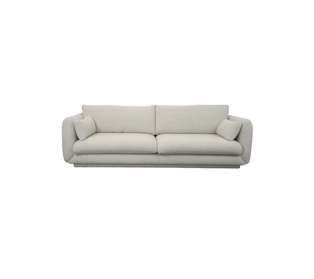 Un sofá moderno de color claro con cojines de felpa y dos cojines decorativos en cada extremo, diseñado para la comodidad y el estilo.