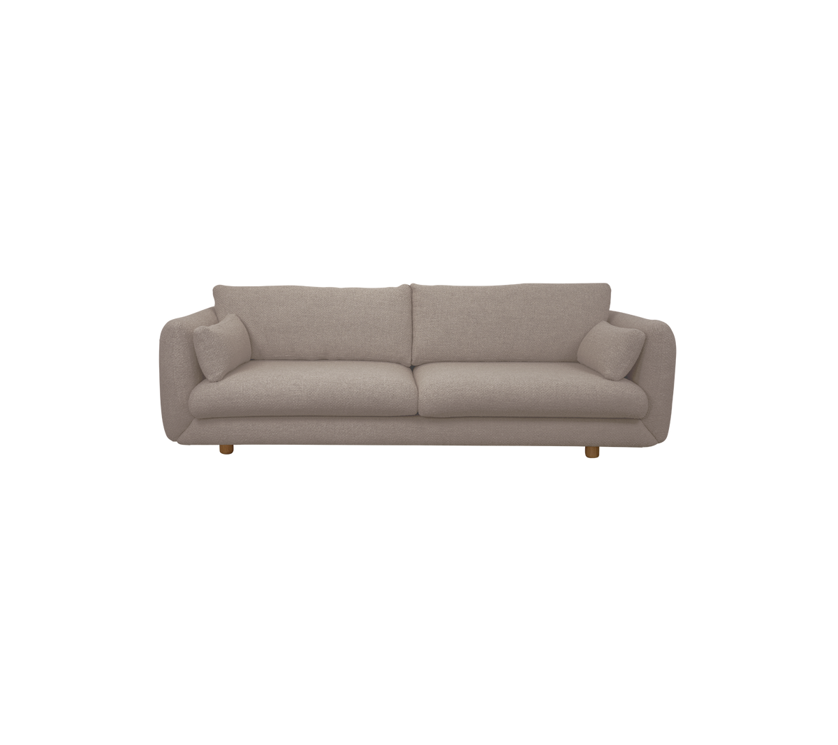 Sofá moderno marrón claro con almohadas suaves.