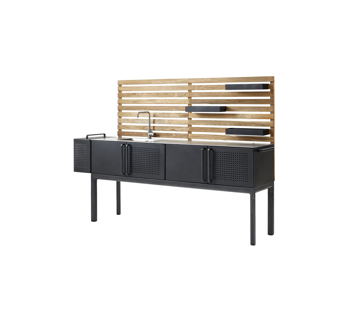 Armario moderno con un acabado negro elegante, que cuenta con cuatro compartimentos de almacenamiento y un respaldo de tablones de madera con espacio para estantes. Perfecto para una organización con estilo.