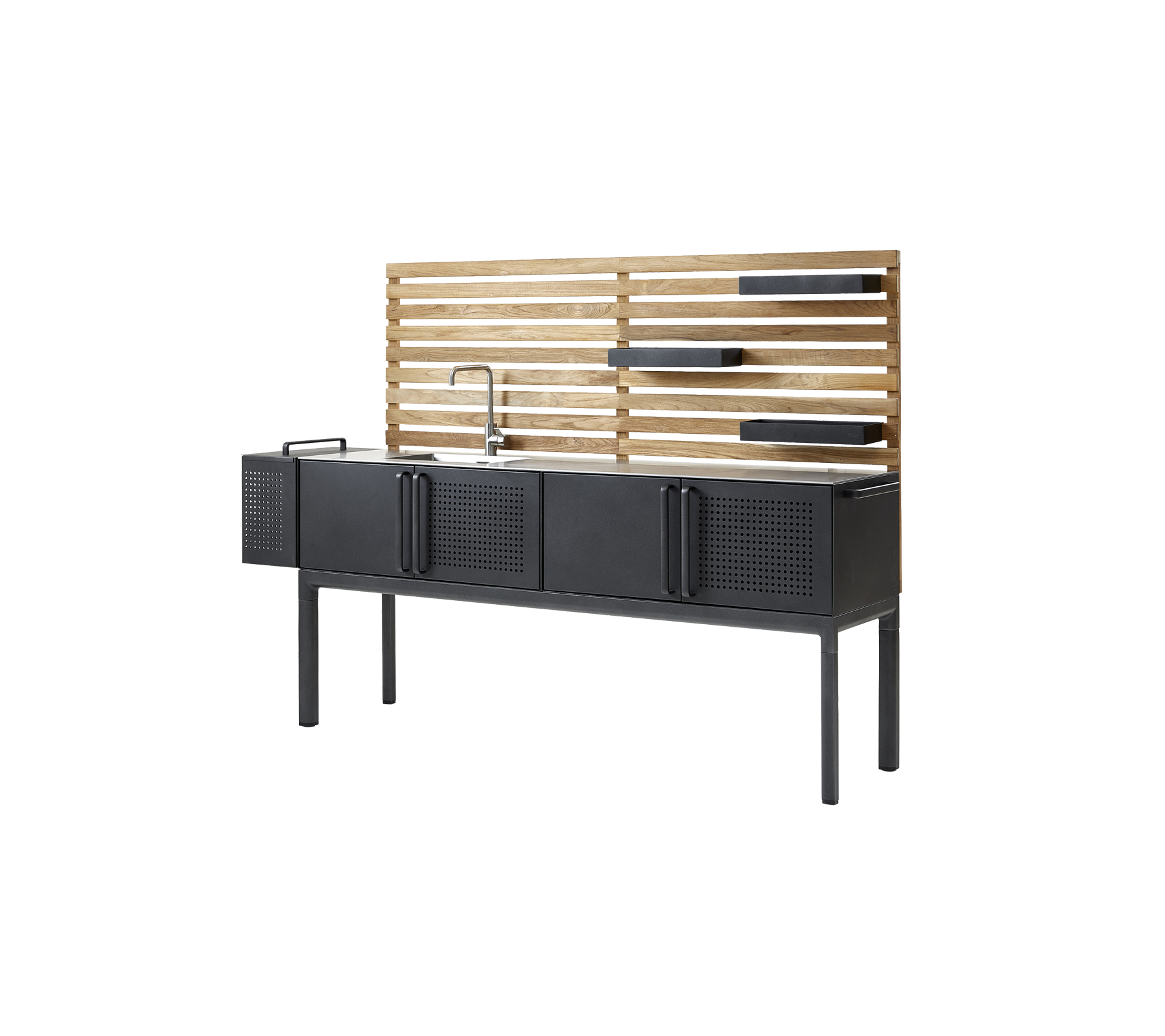 Armario moderno con un acabado negro elegante, que cuenta con cuatro compartimentos de almacenamiento y un respaldo de tablones de madera con espacio para estantes. Perfecto para una organización con estilo.
