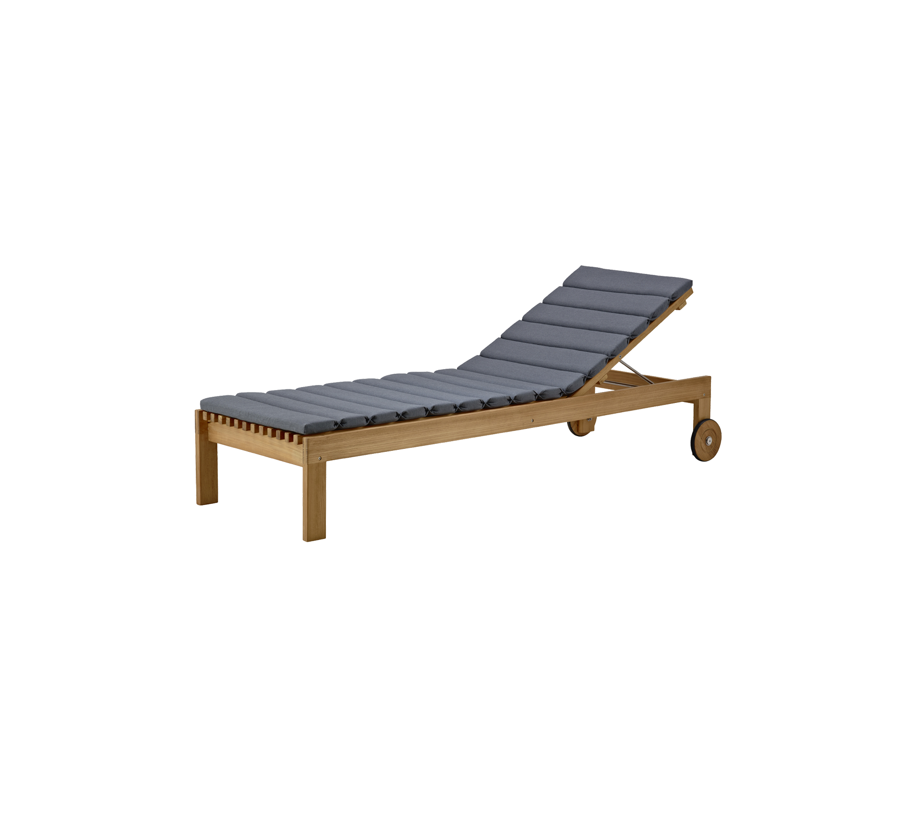 Sillón lounge elegante con marco de madera y asiento acolchado gris, diseñado para la comodidad y la relajación.