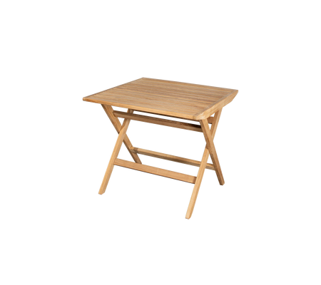 Mesa de madera compacta con una tapa de listones y patas cruzadas, perfecta para un uso versátil en varios entornos.