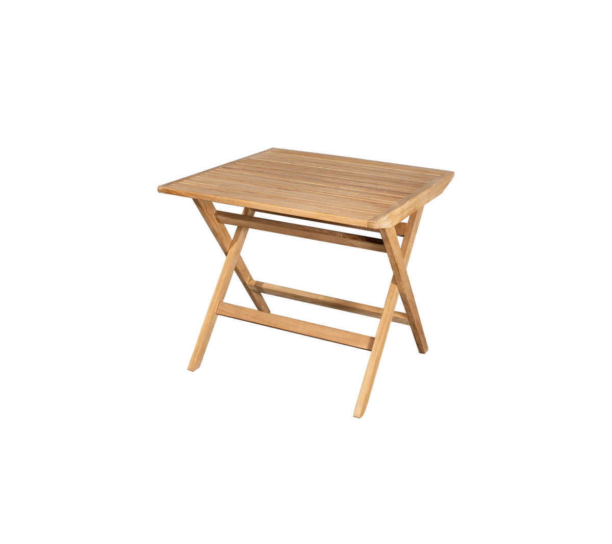 Mesa de madera compacta con una tapa de listones y patas cruzadas, perfecta para un uso versátil en varios entornos.