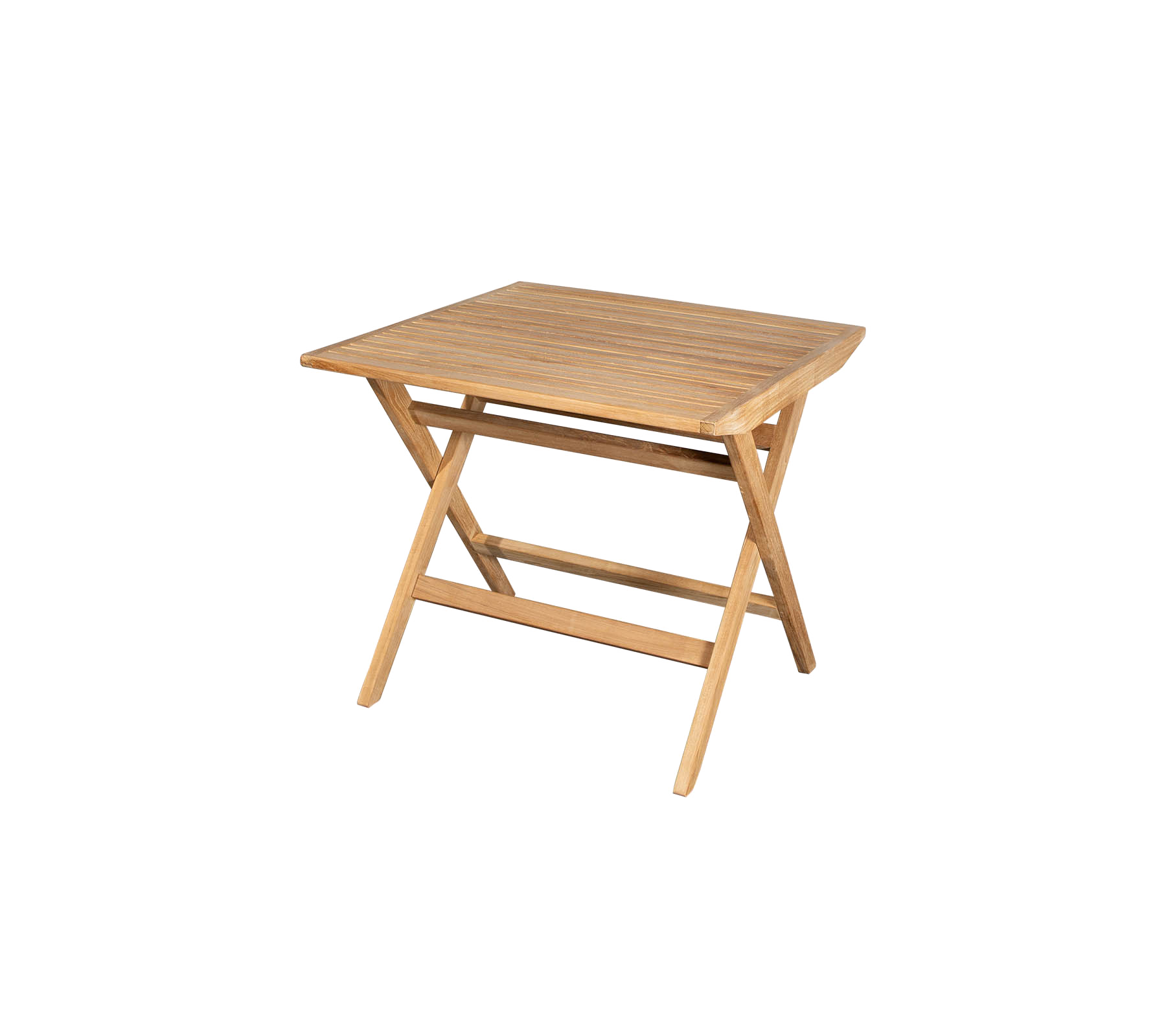 Mesa de madera compacta con una tapa de listones y patas cruzadas, perfecta para un uso versátil en varios entornos.