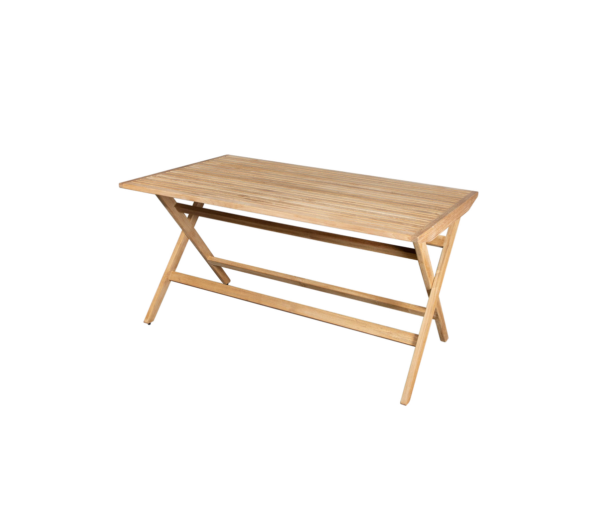Mesa de madera clara con una superficie lisa y patas cruzadas, adecuada para varios usos.