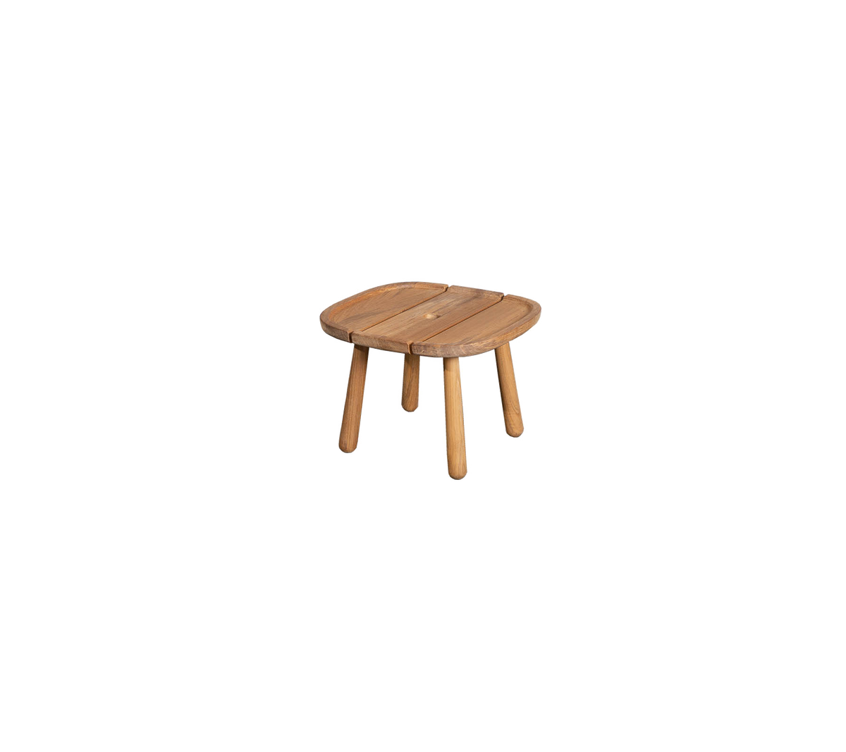 Pequeña mesa de madera con una tapa cuadrada redondeada y cuatro patas robustas, perfecta para diversos usos en un entorno elegante.