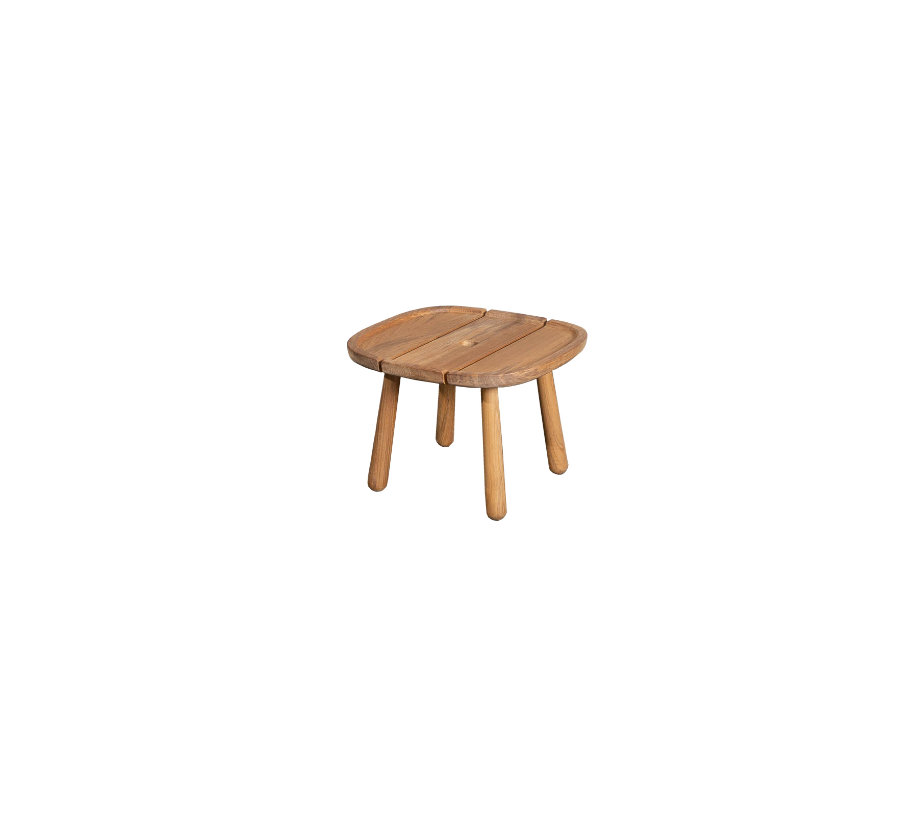 Pequeña mesa de madera con una tapa cuadrada redondeada y cuatro patas robustas, perfecta para diversos usos en un entorno elegante.