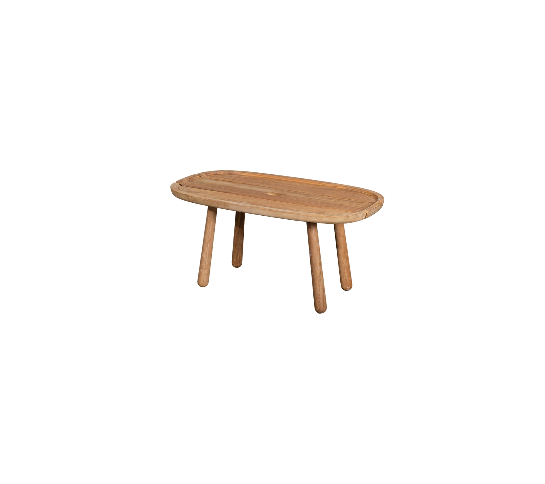 Una mesa de madera con una tapa ovalada y cuatro patas robustas, diseñada para una estética moderna o rústica.