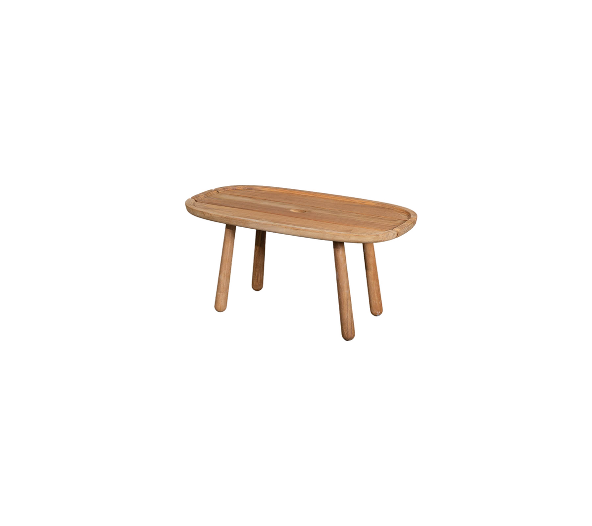 Una mesa de madera con una tapa ovalada y cuatro patas robustas, diseñada para una estética moderna o rústica.