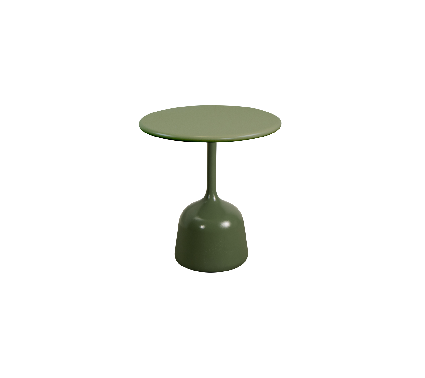 Mesa redonda pequeña con un diseño simple y un acabado verde sólido, que presenta una superficie lisa sostenida por una base redondeada.