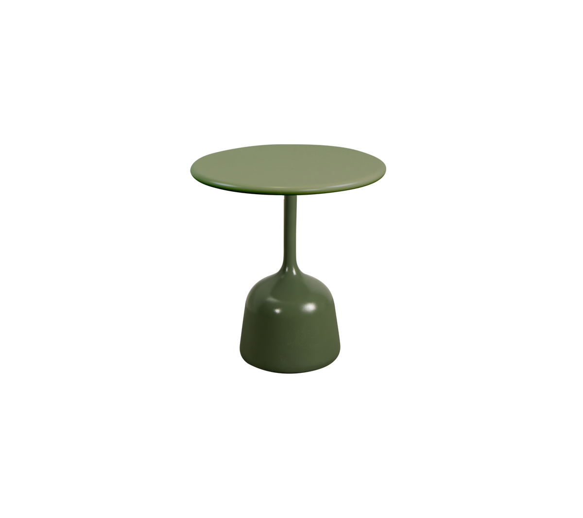 Mesa redonda pequeña con un diseño simple y un acabado verde sólido, que presenta una superficie lisa sostenida por una base redondeada.