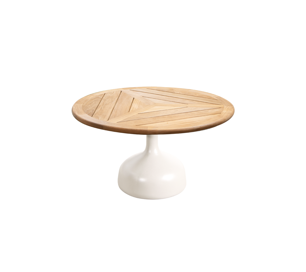 Mesa redonda con una tapa de madera con patrones geométricos y una base de pedestal blanca y elegante. Ideal para espacios modernos y con estilo.