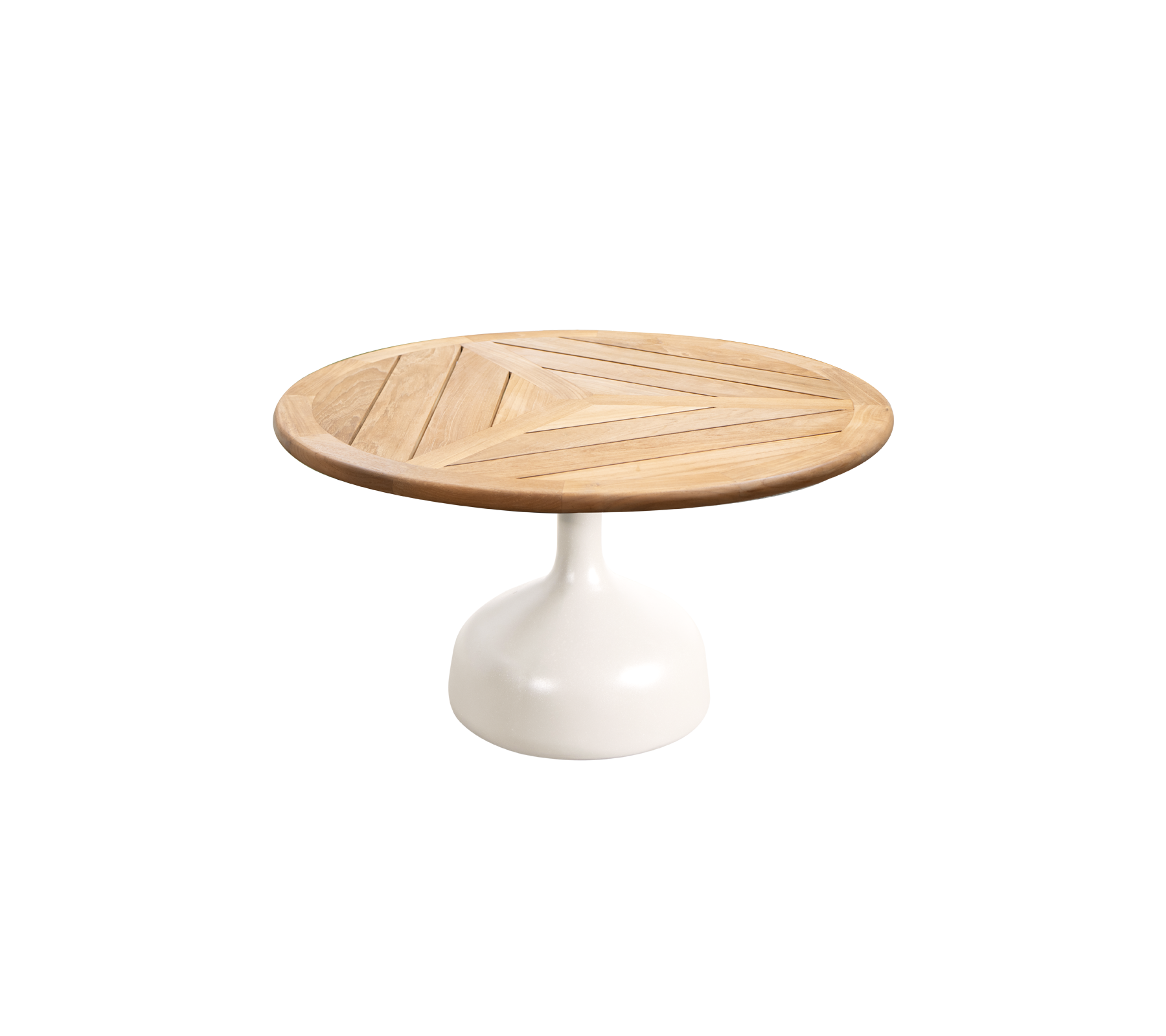 Mesa redonda con una tapa de madera con patrones geométricos y una base de pedestal blanca y elegante. Ideal para espacios modernos y con estilo.