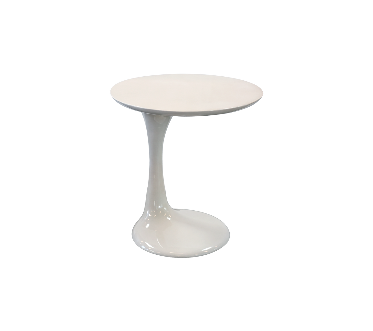 Mesa auxiliar blanca moderna con una base escultórica única.