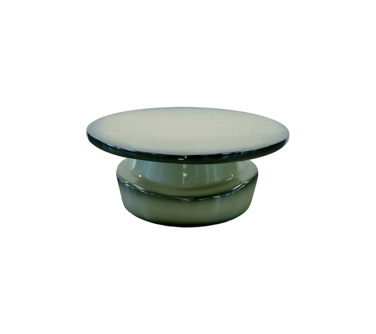 Mesa verde moderna con una tapa redonda lisa y base escultural.
