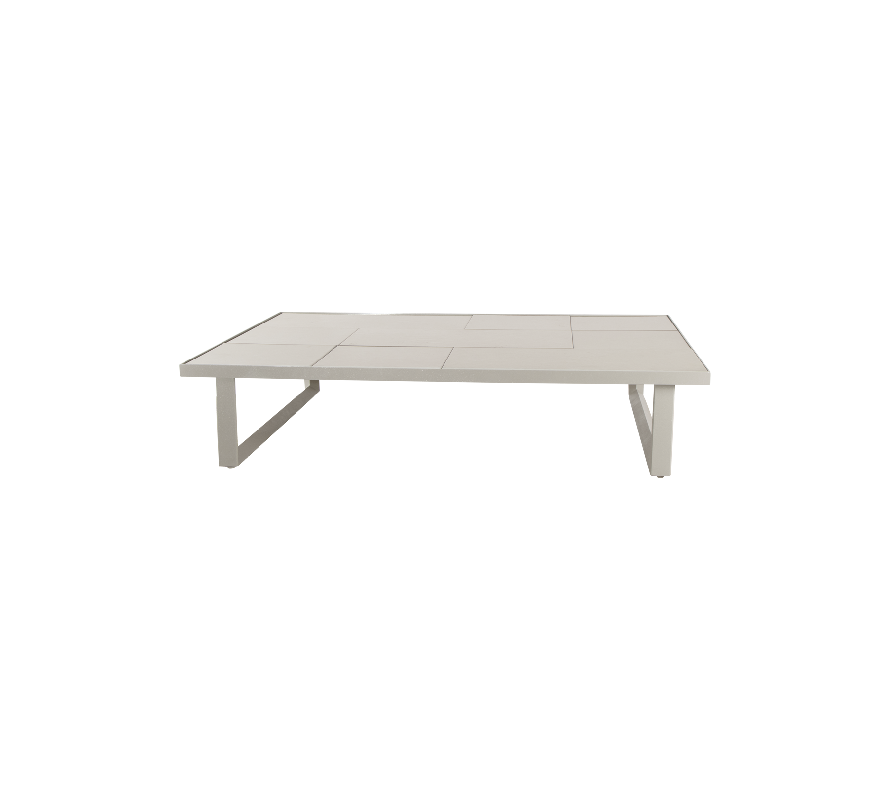 Mesa moderna de color arena con un diseño minimalista.