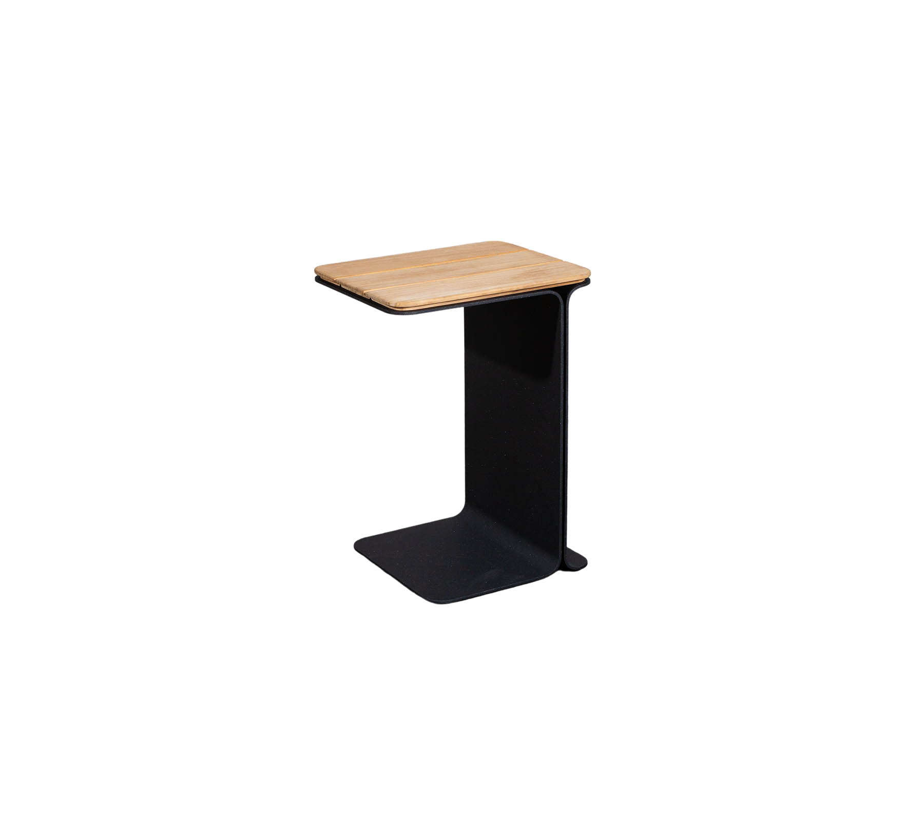 Mesa auxiliar minimalista con una tapa de madera y una base negra elegante, ideal para decoraciones modernas.