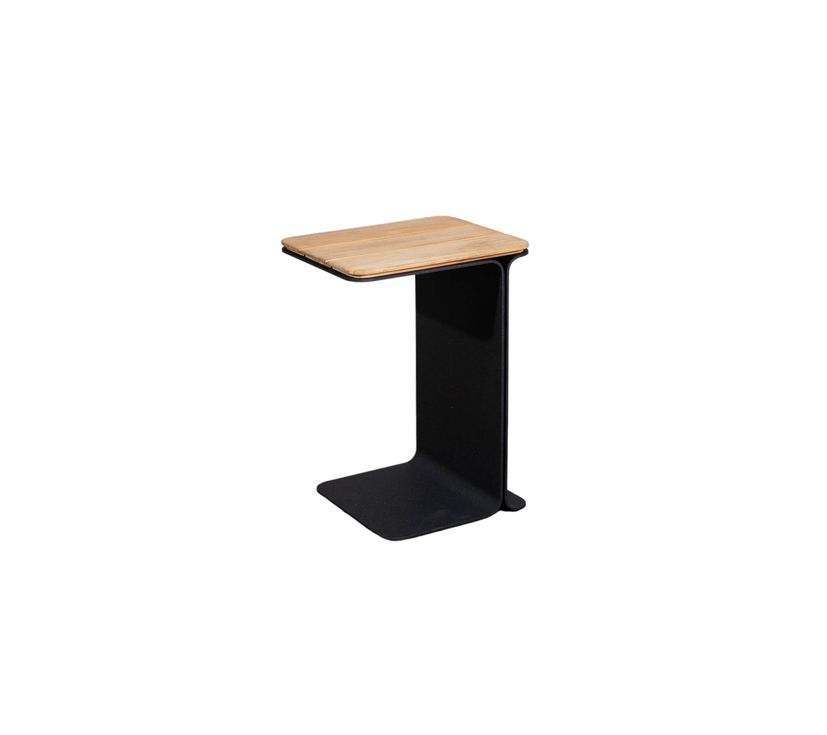 Mesa auxiliar minimalista con una tapa de madera y una base negra elegante, ideal para decoraciones modernas.