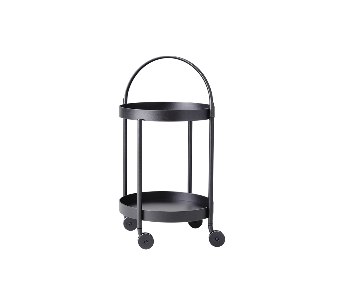 Carro de servicio negro de dos niveles con ruedas, con un mango curvado y un diseño minimalista, ideal para almacenamiento y exhibición versátil.