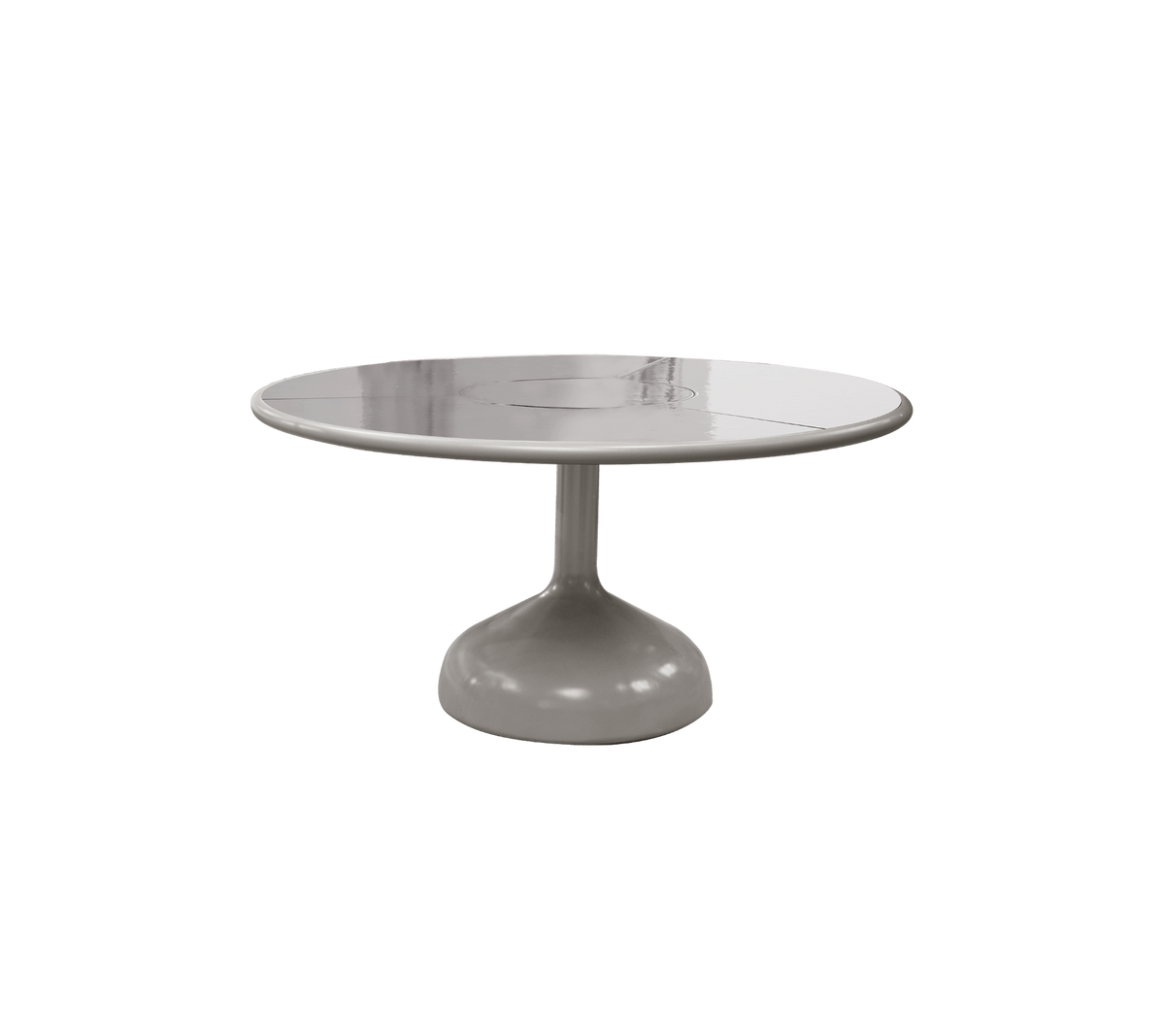 Mesa redonda con una superficie lisa y brillante y una base de pedestal robusta, que muestra un diseño moderno y minimalista.