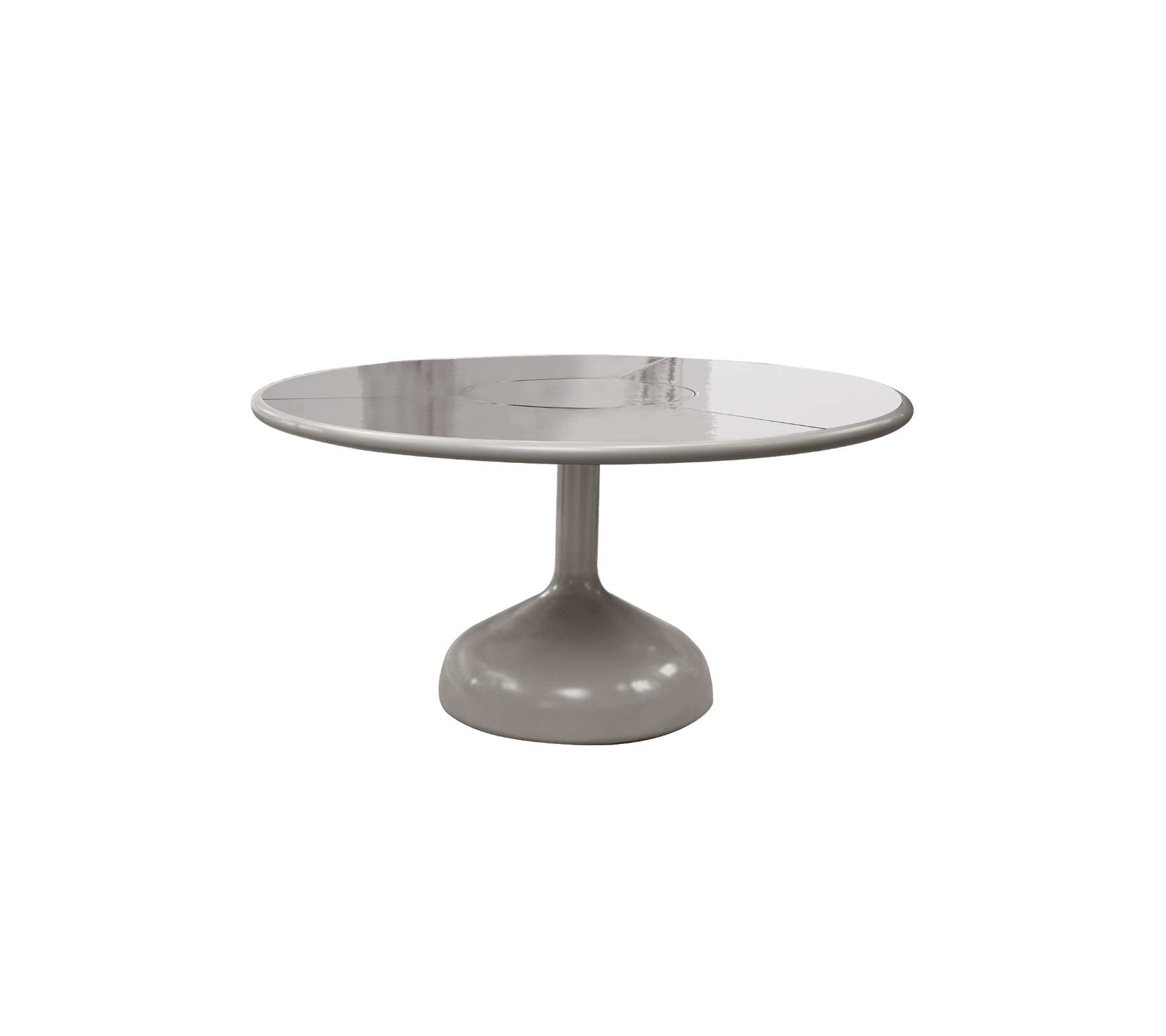 Mesa redonda con una superficie lisa y brillante y una base de pedestal robusta, que muestra un diseño moderno y minimalista.