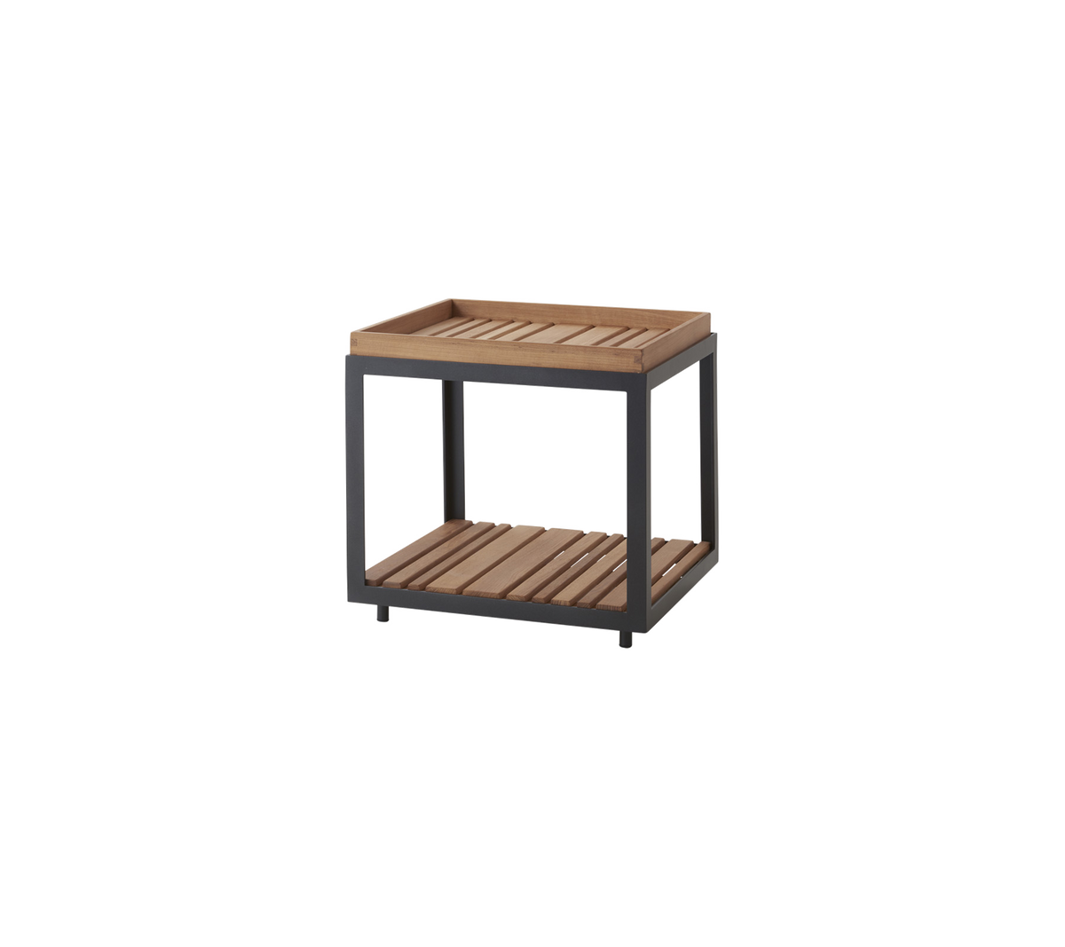 Mesa auxiliar de madera con tapa de listones y una estantería inferior, con un marco robusto para un almacenamiento y exhibición versátiles.