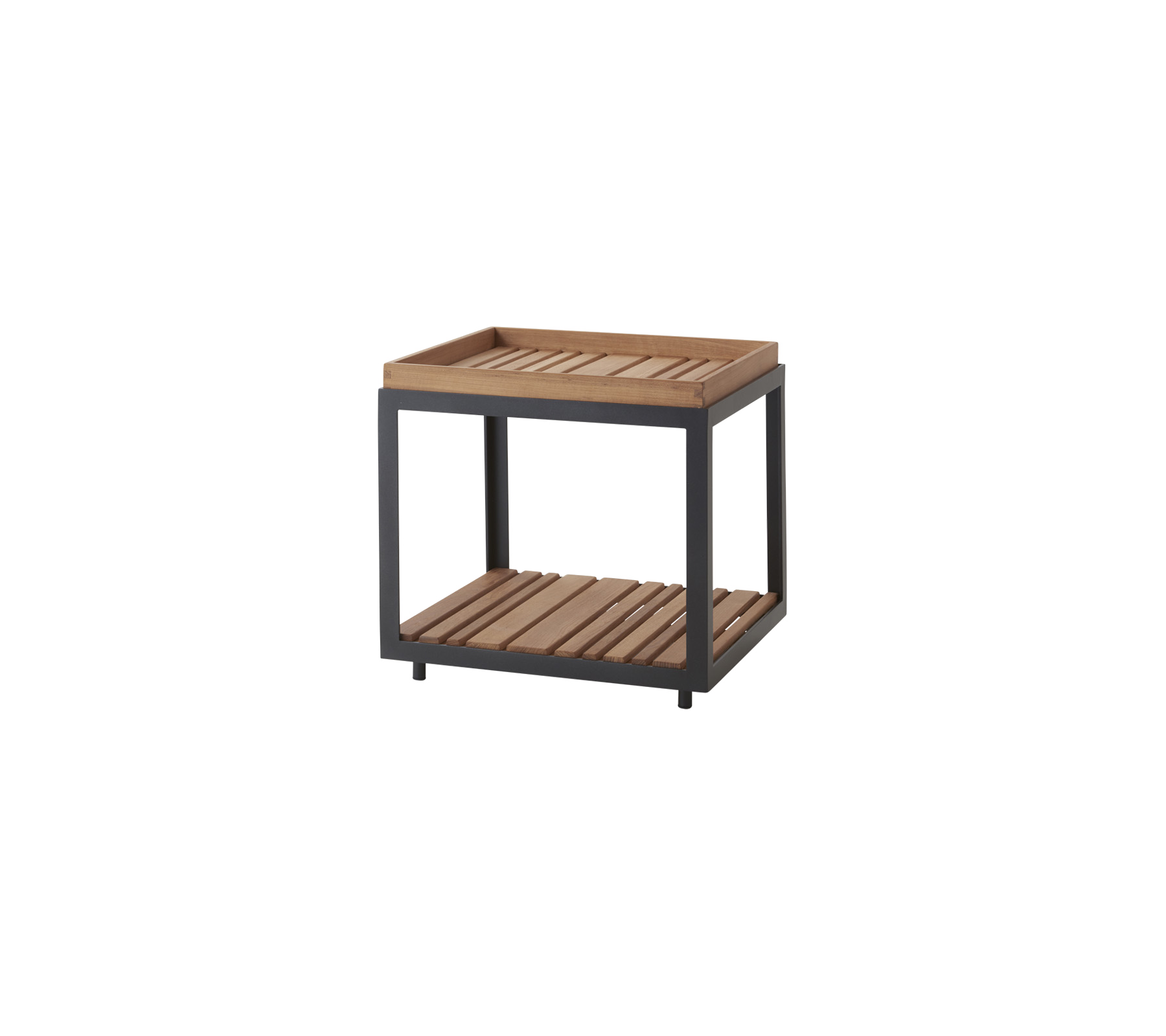 Mesa auxiliar de madera con tapa de listones y una estantería inferior, con un marco robusto para un almacenamiento y exhibición versátiles.
