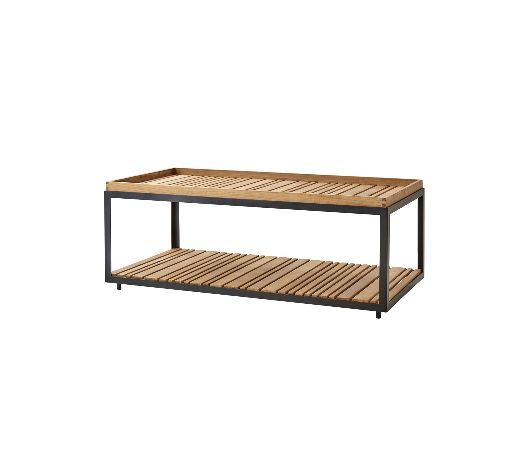 Mesa de café de madera con diseño de listones y marco de metal, con dos niveles para almacenamiento o exhibición. Ideal para espacios de vida modernos.