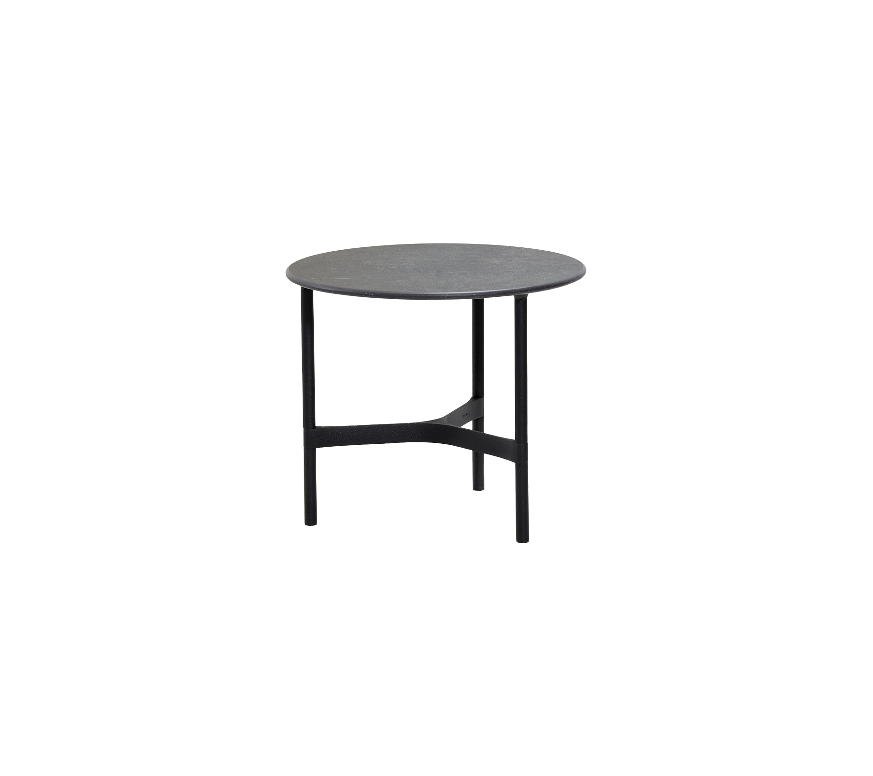 Mesa redonda con una superficie gris y patas negras resistentes, diseñada para usos versátiles en diversos entornos.