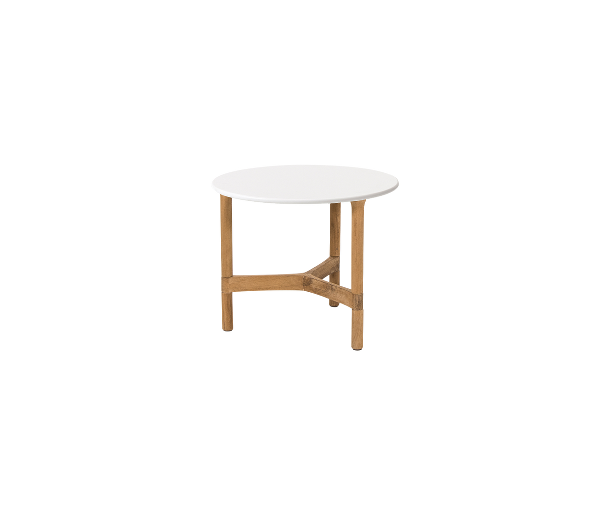 Mesa redonda con una superficie blanca y patas de madera, con un robusto travesaño para soporte. Ideal para diversos entornos.