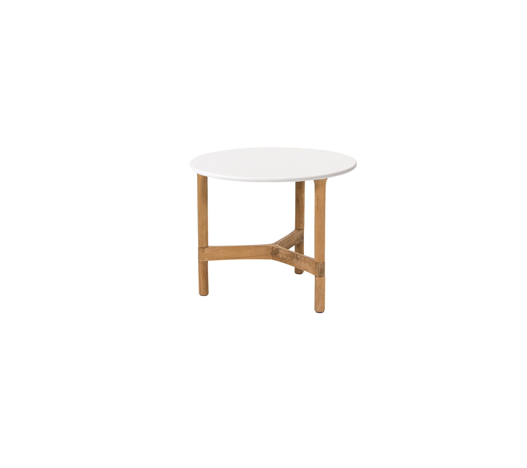 Mesa redonda con una superficie blanca y patas de madera, con un robusto travesaño para soporte. Ideal para diversos entornos.