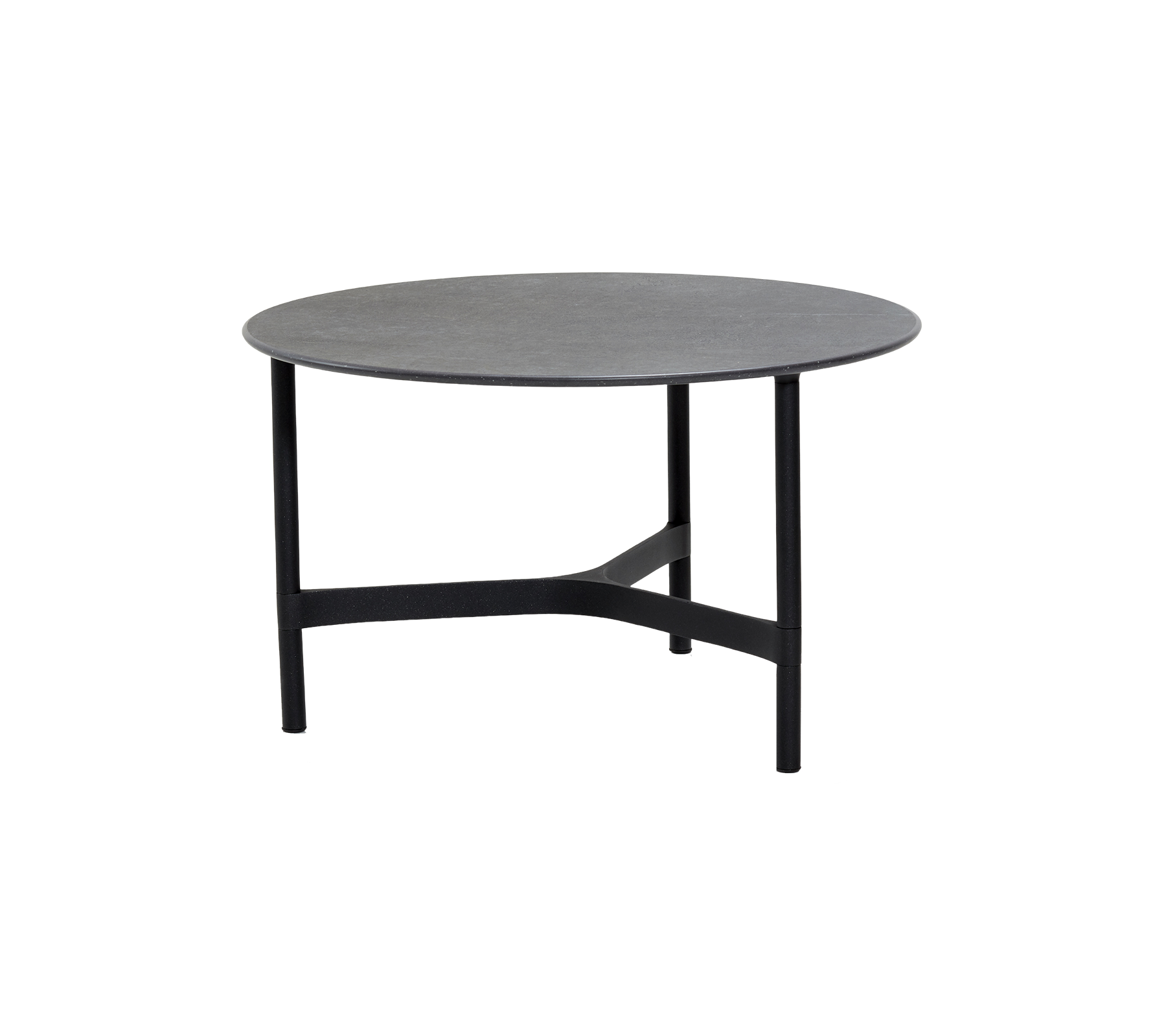 Mesa redonda con una elegante superficie gris y un sólido marco negro, perfecta para espacios de vida modernos y reuniones casuales.