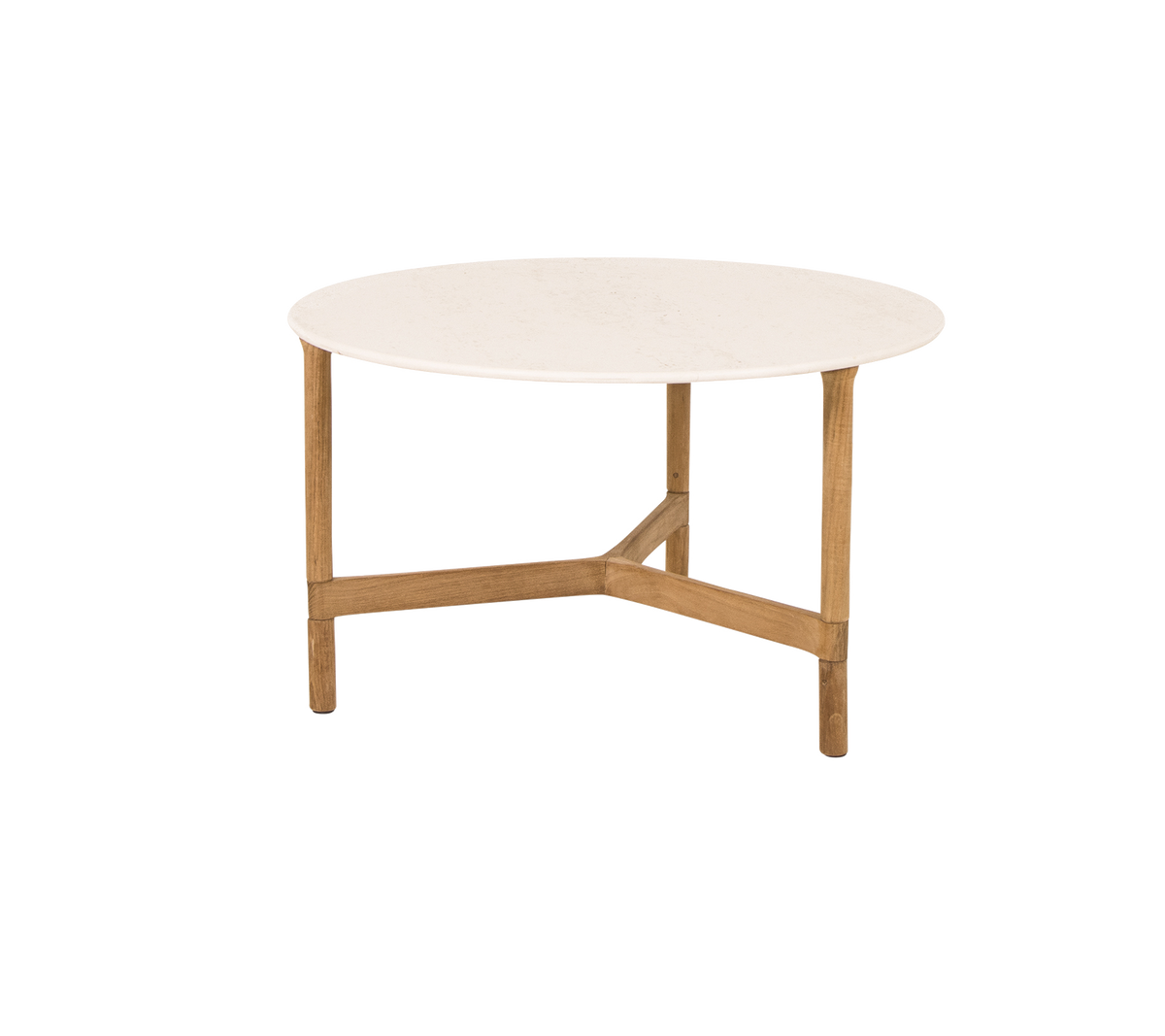 Mesa de café redonda con una superficie blanca lisa y patas de madera clara, con un diseño moderno y minimalista.