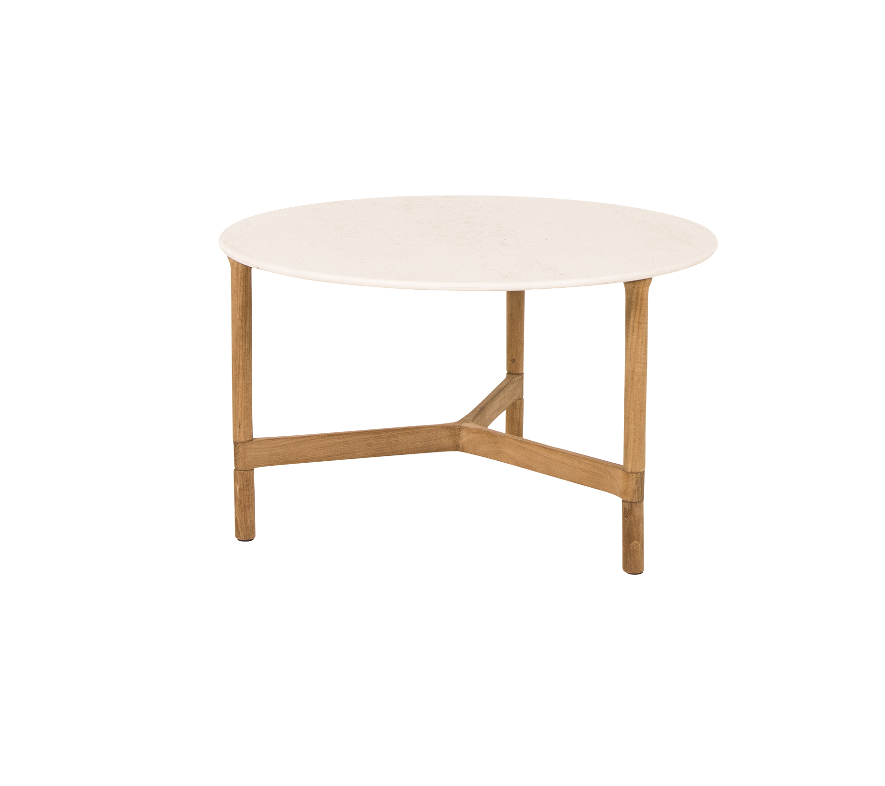 Mesa de café redonda con una superficie blanca lisa y patas de madera clara, con un diseño moderno y minimalista.