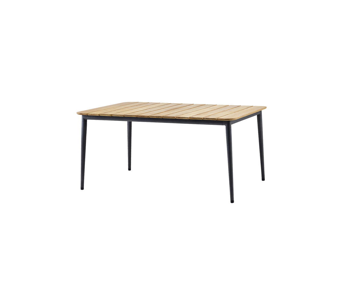 Mesa rectangular con una tapa de madera ranurada y patas negras elegantes, adecuada para varios entornos.