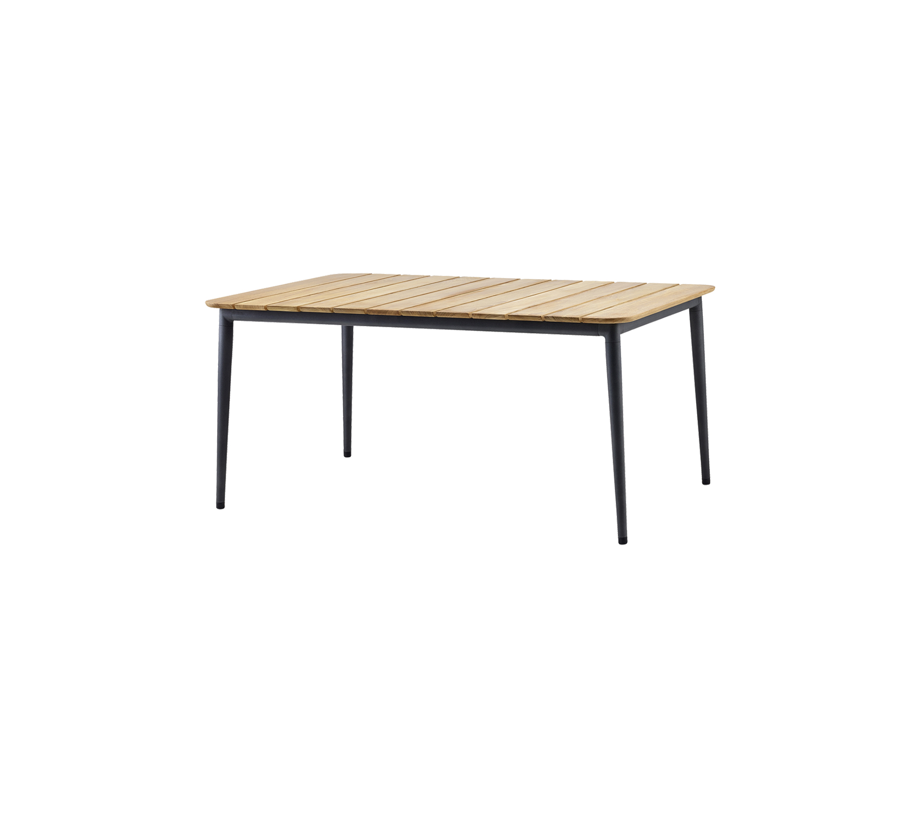 Mesa rectangular con una tapa de madera ranurada y patas negras elegantes, adecuada para varios entornos.