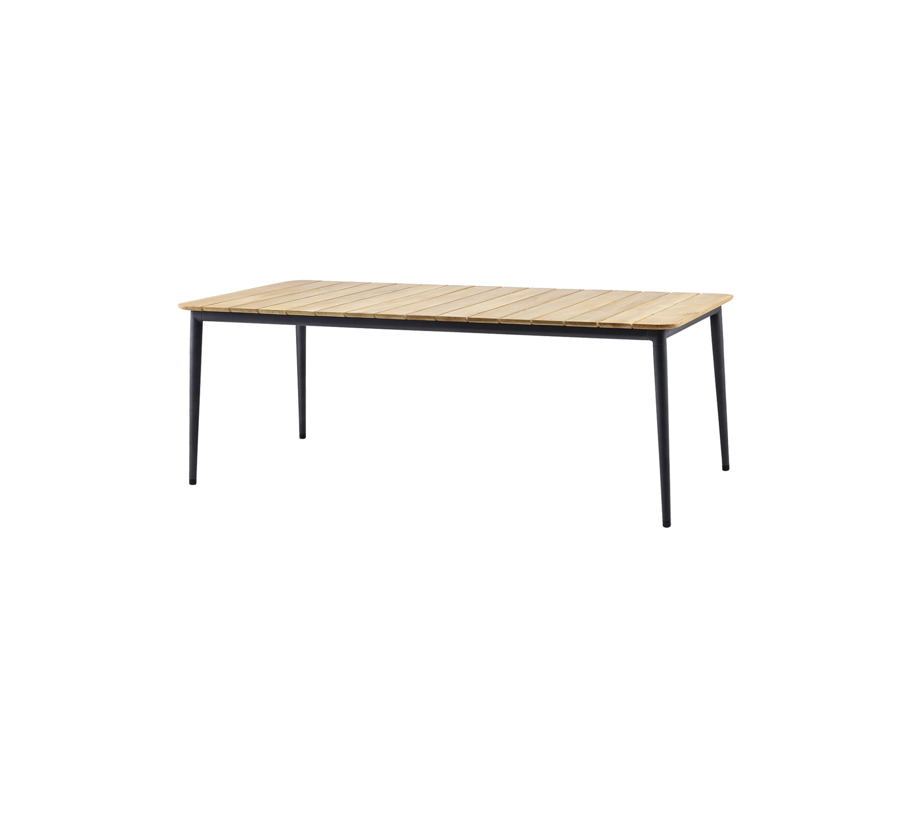 Mesa elegante con una parte superior de listones de madera y patas negras elegantes, perfecta para diversos entornos y usos.