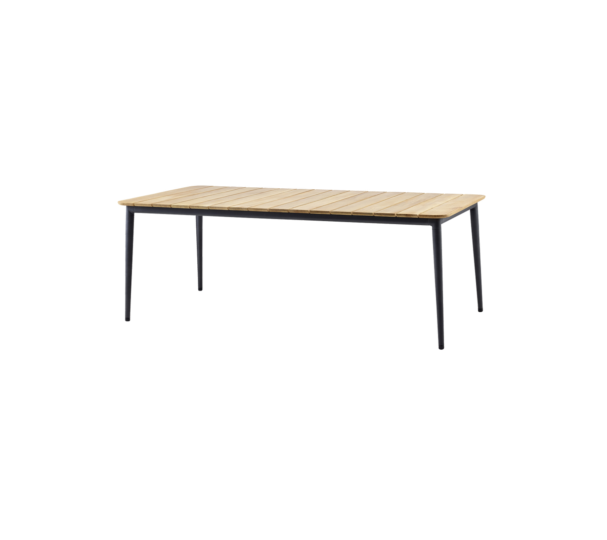 Mesa elegante con una parte superior de listones de madera y patas negras elegantes, perfecta para diversos entornos y usos.