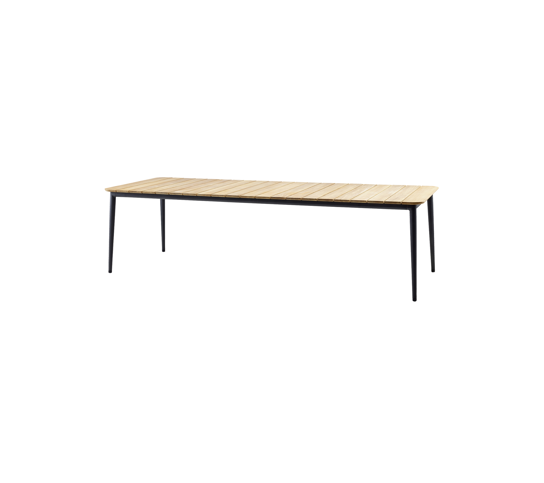 Mesa de comedor de madera con una superficie clara y patas negras elegantes, perfecta para espacios modernos.