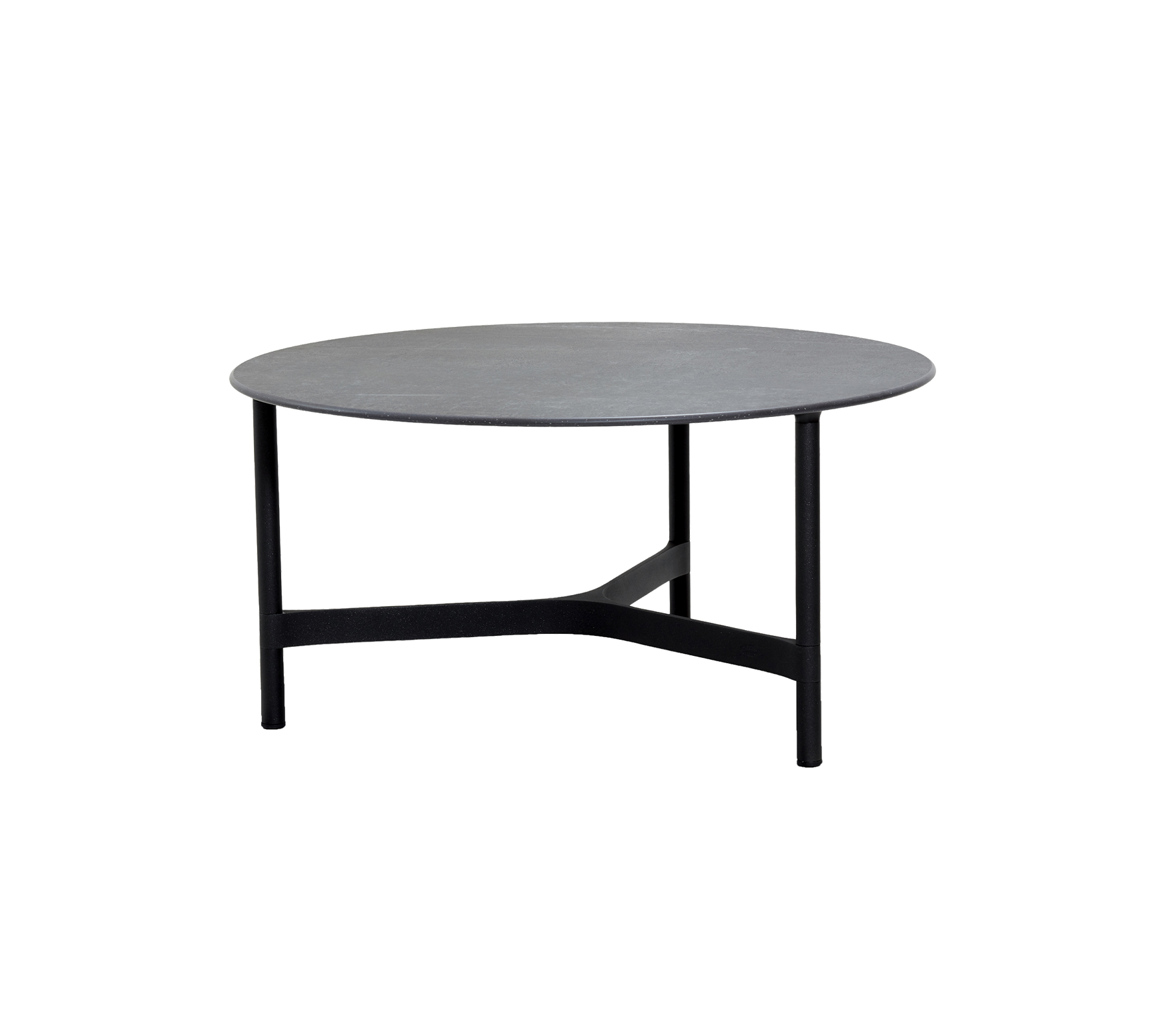 Mesa redonda con una superficie gris, soportada por un elegante marco negro de diseño minimalista. Ideal para una decoración moderna.