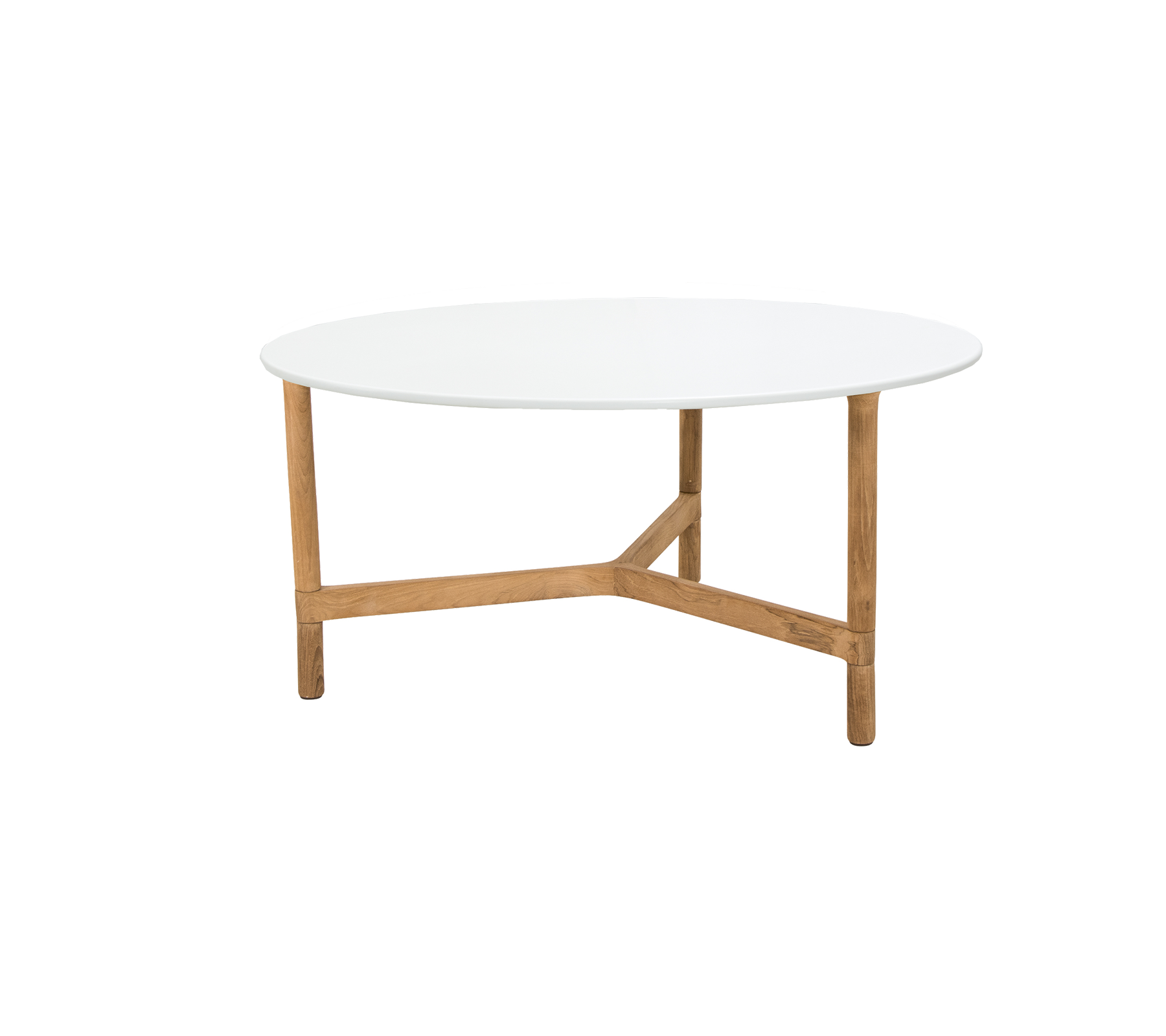 Una mesa de café redonda con una elegante superficie blanca soportada por patas de madera robustas con un diseño cruzado único.