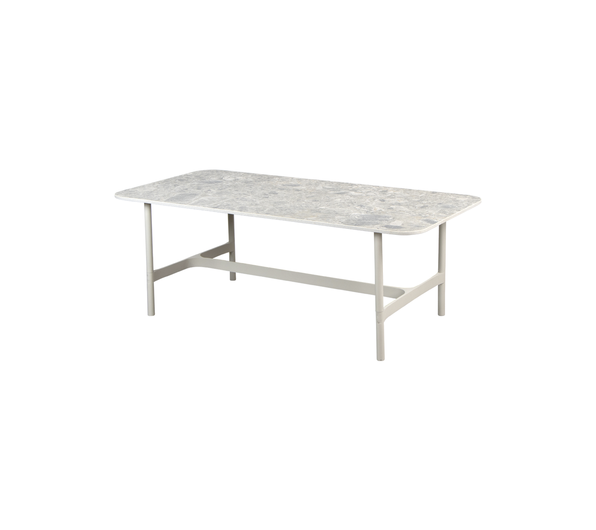 Una mesa rectangular con una superficie texturizada y patas resistentes, diseñada para diversos entornos y actividades.